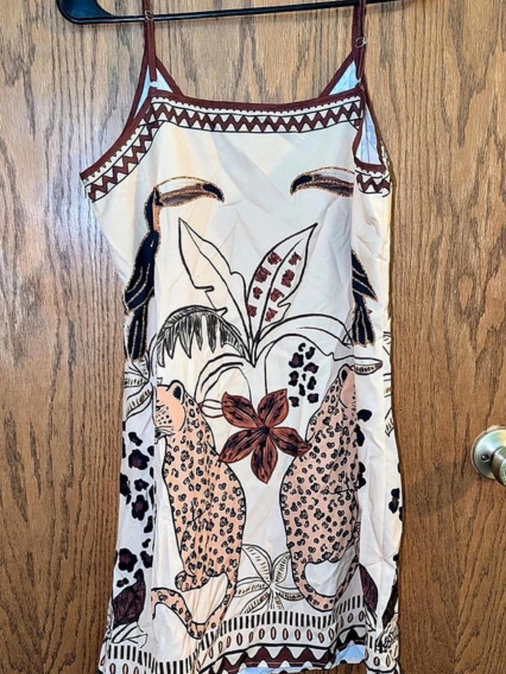 SHEIN Lune Leopard Toucan Tropical Print Cami Dress Brown & Cream Small
